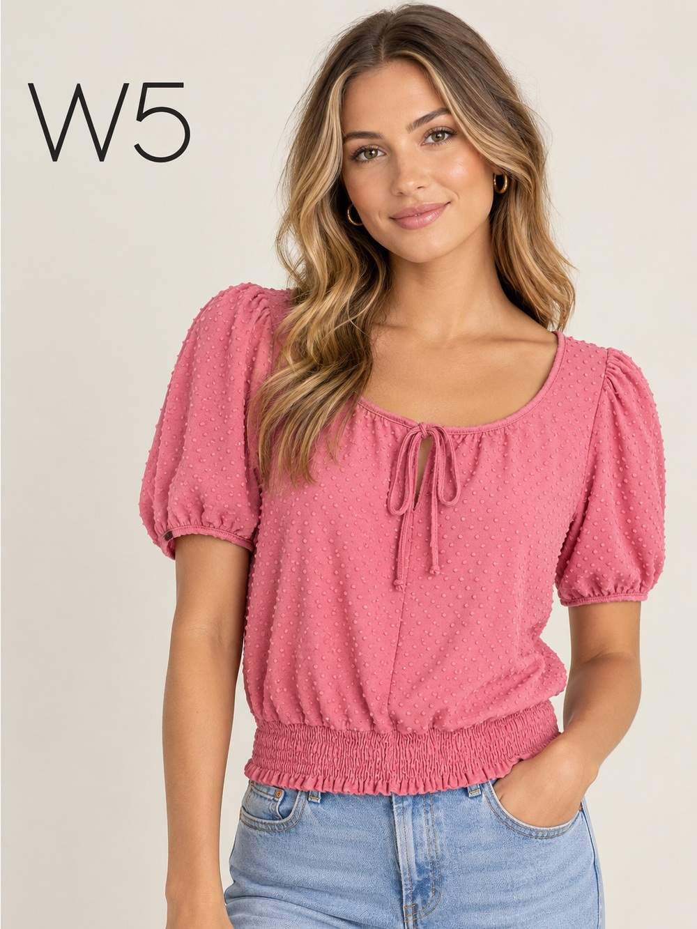 Anthropologie by W5 Rose Pink Tie-Front Puff Sleeve Top